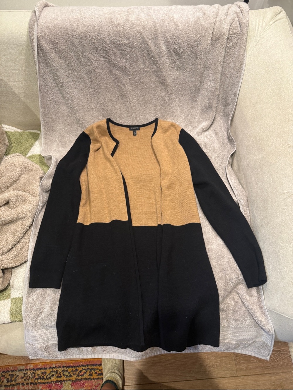 Talbots Black and Camel Colorblock Longline Cardigan